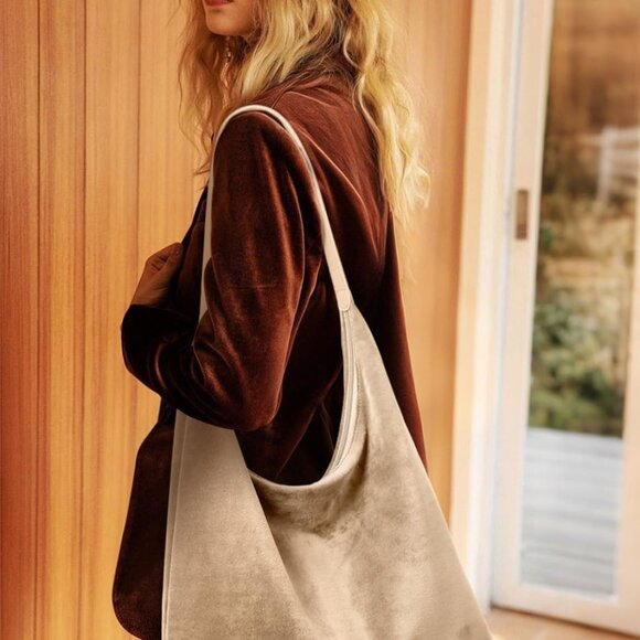 Vintage 15L Hobo Bag Faux Suede Tote Zipper Work Bag Vegan Leather Shoulder Stra - Picture 2 of 7